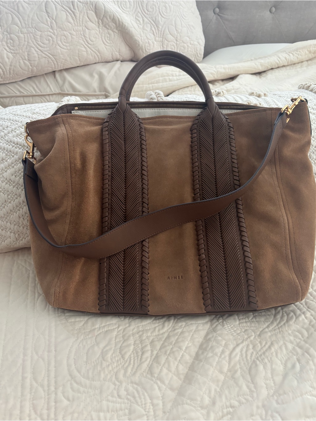 Ami Two-Tone Brown Suede Tote With Braided Trim